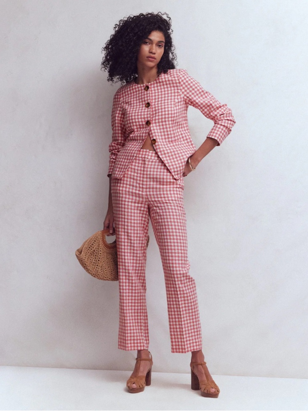 Boden Hampstead Linen Blazer Vintage Rose Gingham